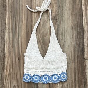 Hollister White Crochet Top with Blue Details